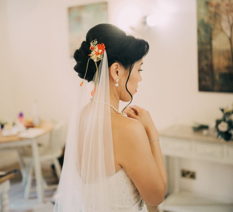 Bridal Up do with Red &amp; Gold Chinese Hair Accessory and Wedding Veil