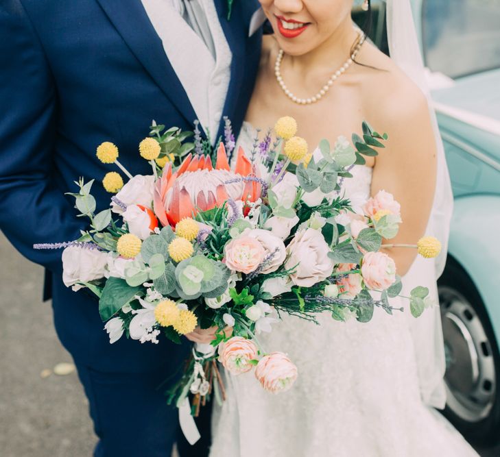 Colourful Wedding Bouquet with King Protea, Roses  and Foliage