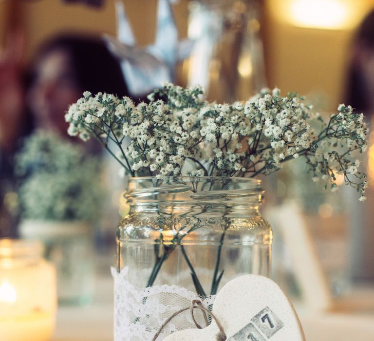 Glass Jar Wrapped in Lace and Filled with Gypsophila and  Handmade Salt Dough Heart Wedding Favours