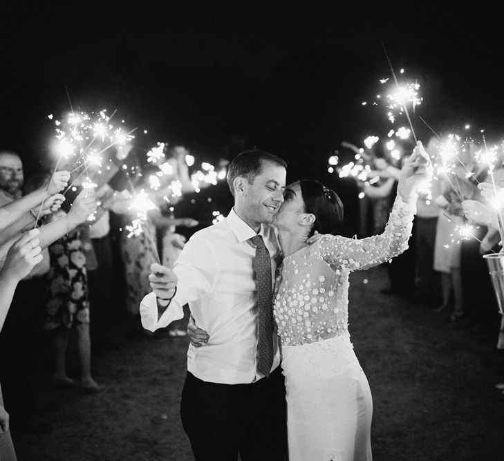 Sparkler Moment  with Bride in Applique Rime Arodaky Long Sleeve Wedding Dress and Groom in Shirt &amp; Tie