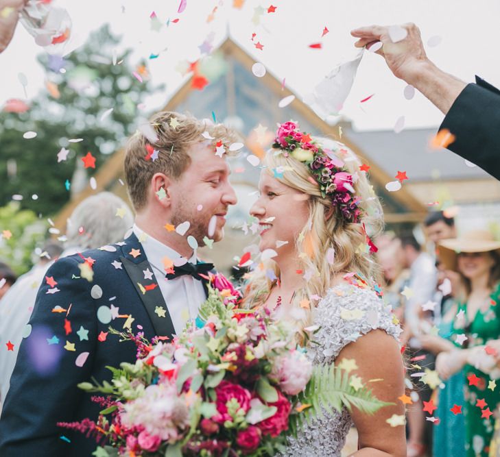 Confetti exit for bride and groom