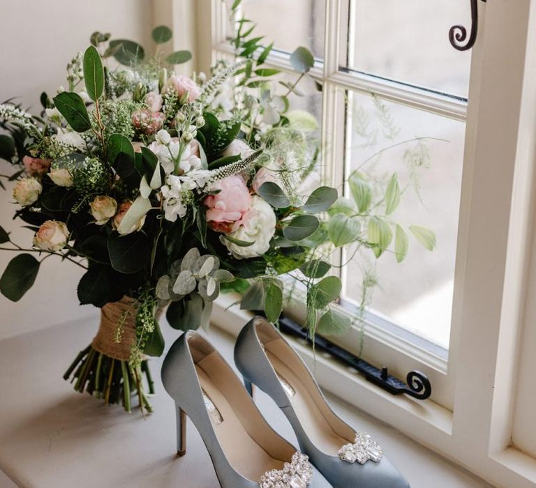 Blue Freya Rose Wedding Shoes and Pastel Bridal Bouquet