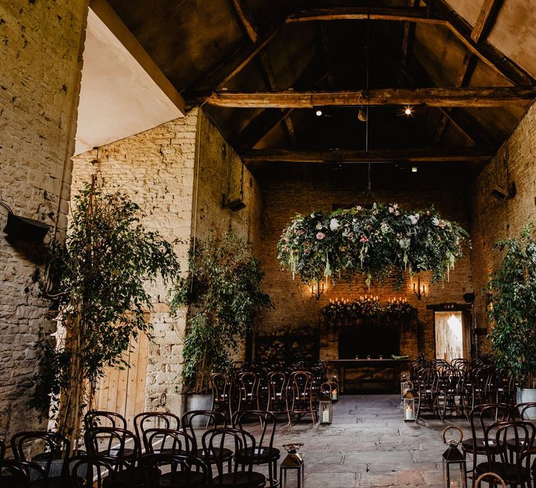 Cripps Barn Wedding Venue in the Cotswolds with Greenery Hanging Chandelier