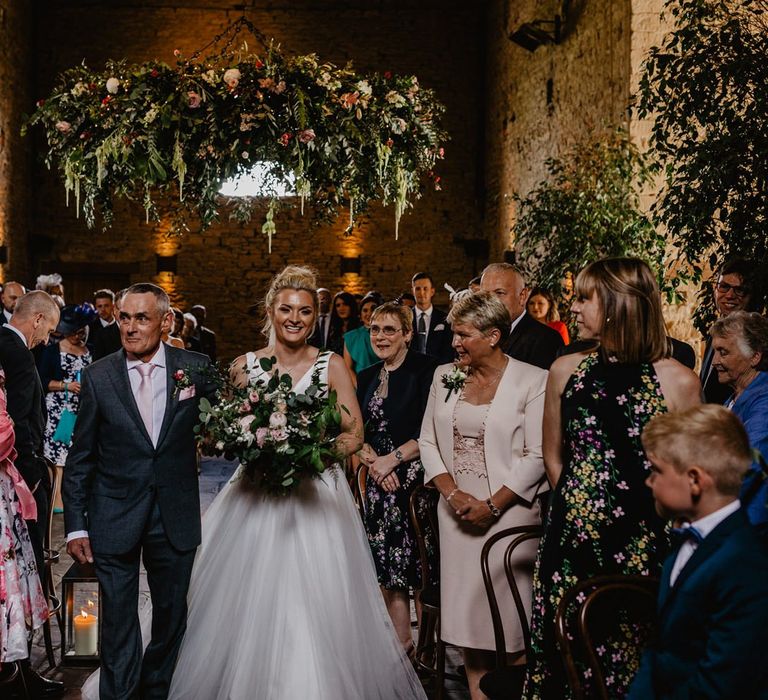 Bride in Stella York Wedding Dress Walking Down the Aisle at Cripps Barn Wedding Venue