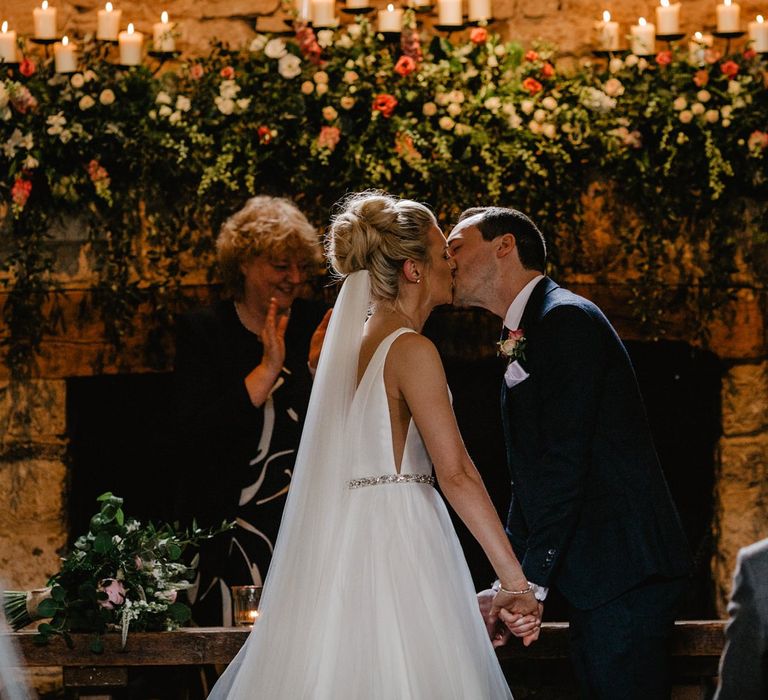 Bride in Stella York Wedding Dress with Sheer Side Detail