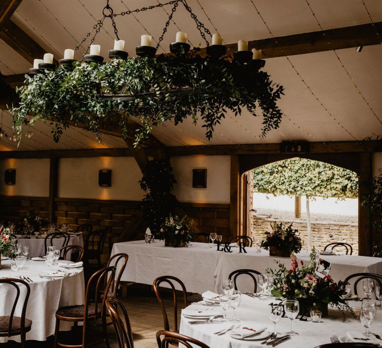 Wedding Reception at Cripps Barn with Greenery Chandelier