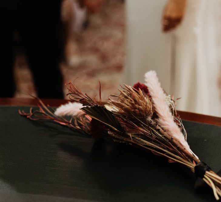 Bouquet details with dried flowers and pampas grass for a informal party wedding in Liverpool