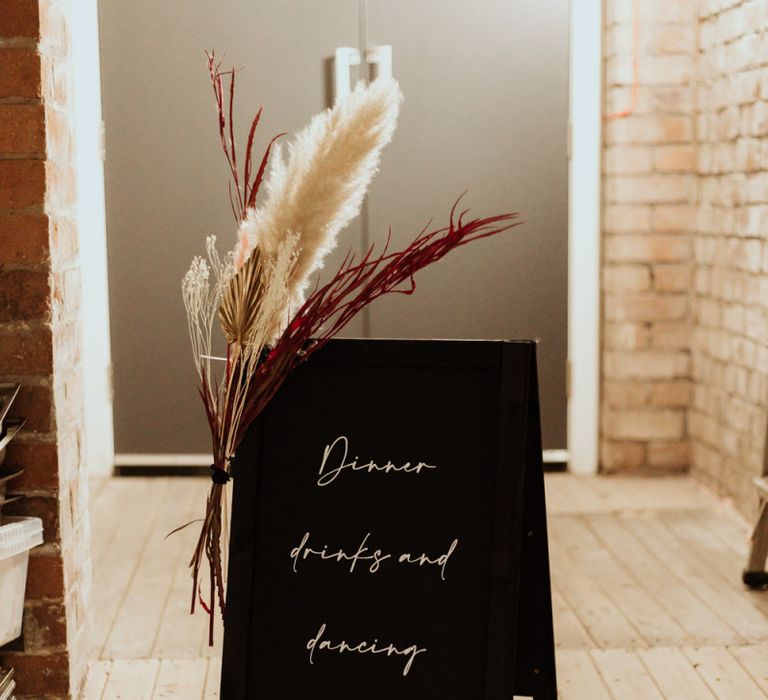 DIY wedding signs with dried pampas grass decoration and contemporary styling