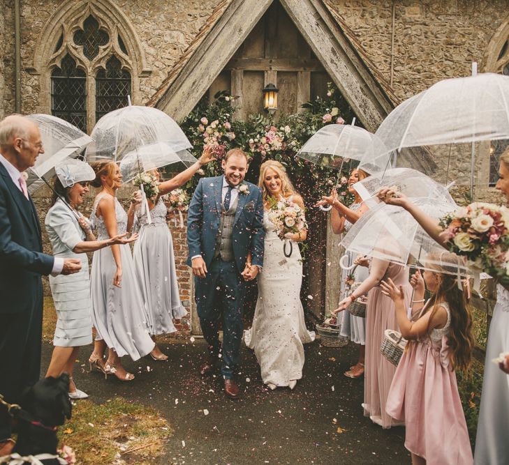 Confetti exit for bride and groom