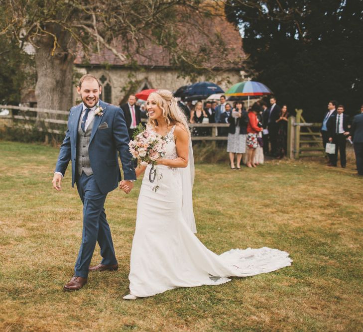 Bride and groom after wedding ceremony in Kent