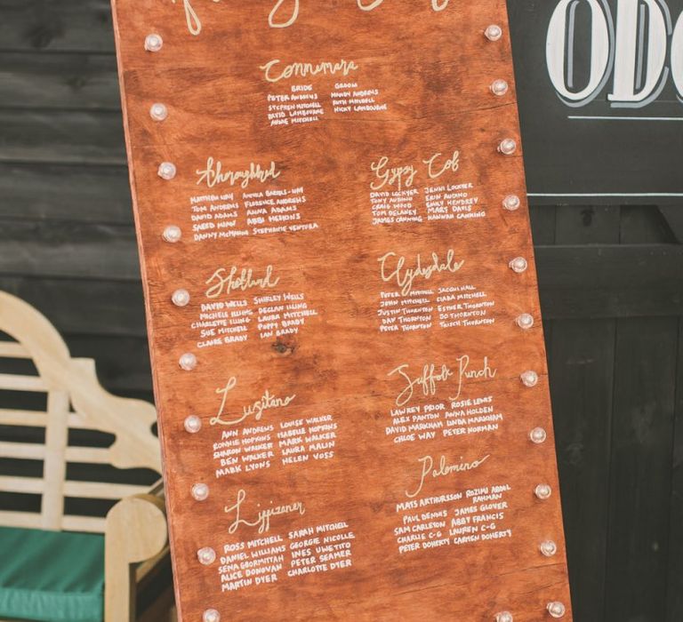 Homemade wooden seating plan for rustic wedding