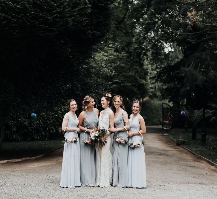 Grey Bridesmaid Dress with Hoop Bouquets