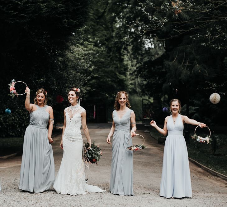 Grey Bridesmaid Dress with Hoop Bouquets