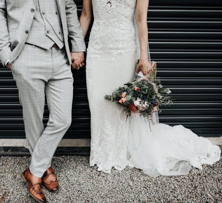 Grey Check Grooms Suit with Brown Shoes