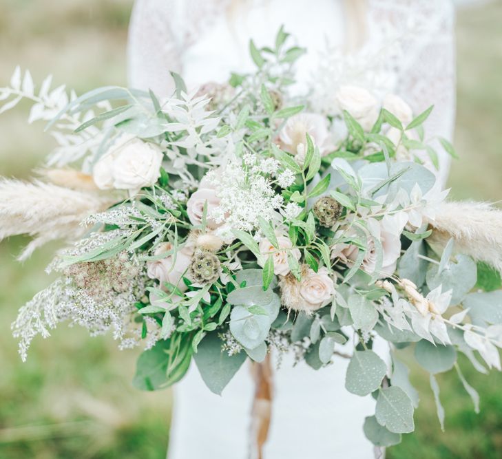 Cream and Green Wedding Bouquet with Roses, Foliage and Pampas Grass