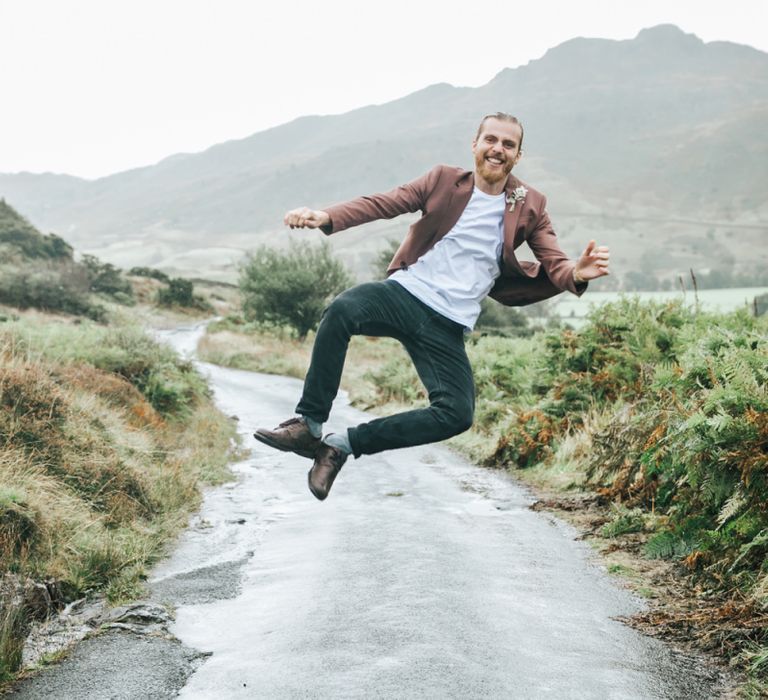 Groom in Black Trousers, White T-Shirt and Dusky Pink Blazer