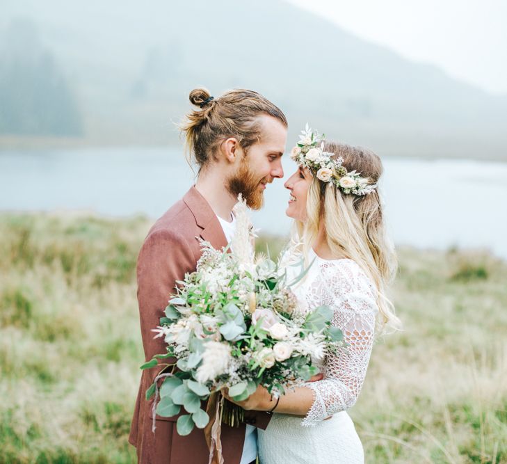 Boho Bride with White and Green Flower Crown