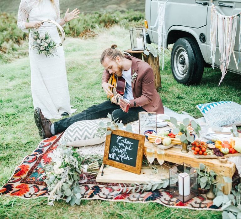 Boho Bride and Groom at Camper Van Lake District Elopement Reception