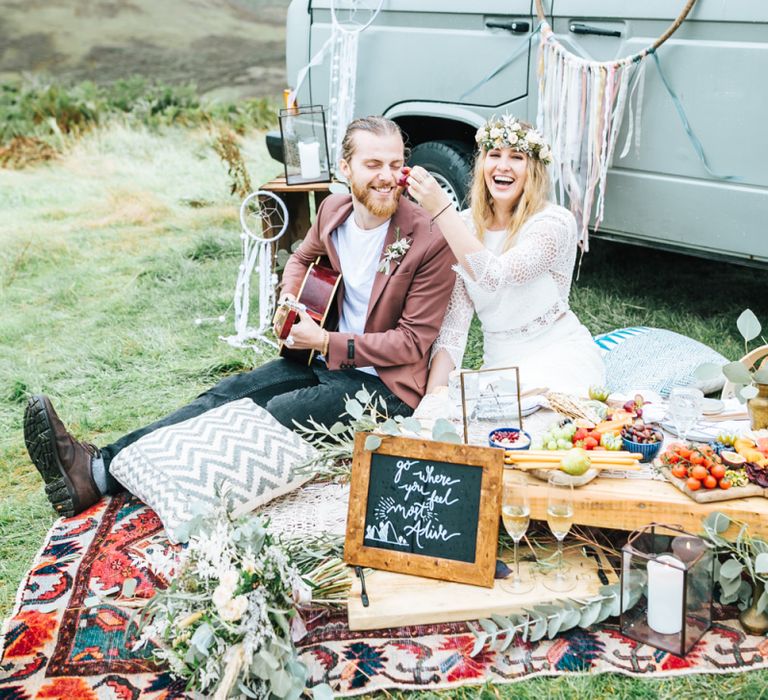 Boho Bride and Groom Enjoying a VeganGrazing Board