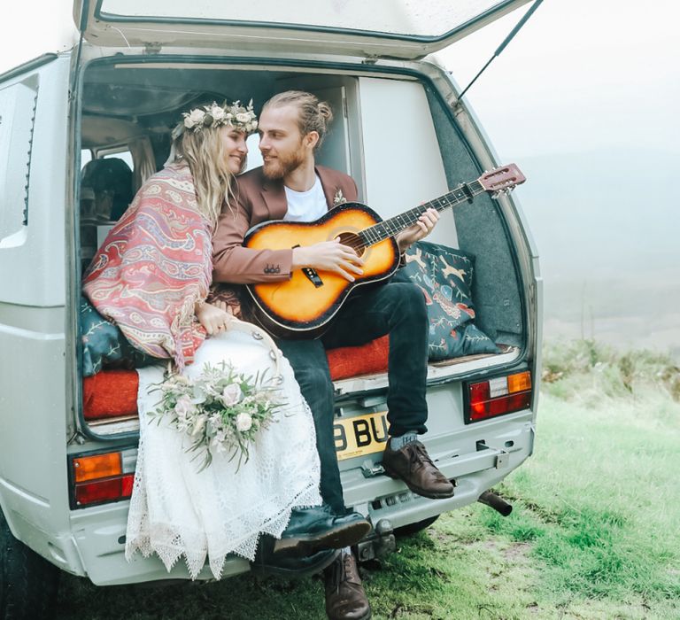 Groom Playing Guitar at Lake District Elopement