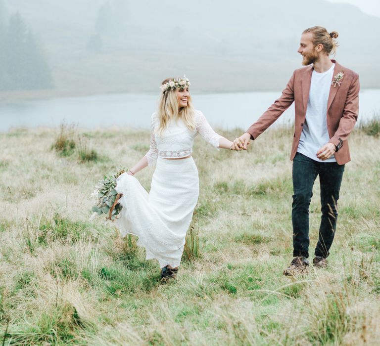 Boho Bride in Separates and Groom in Dusky Pink Blazer