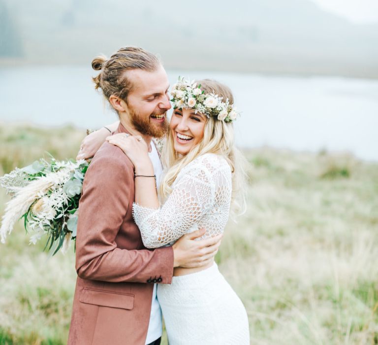 Boho Bride and Groom Embracing at Lake District Elopement