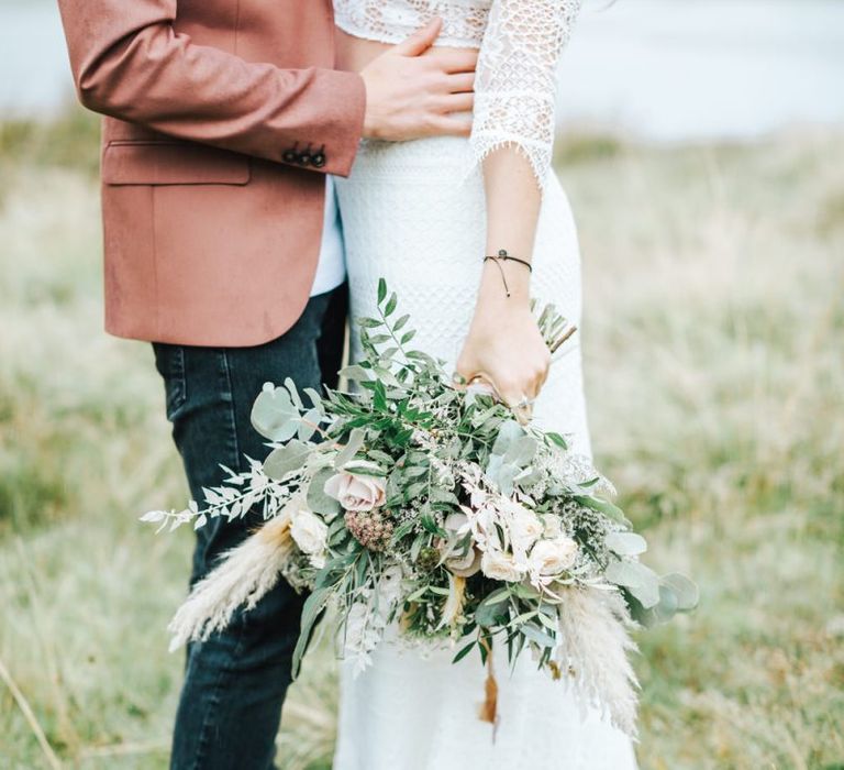 White and Green Bouquet with Roses, Pampas Grass and Foliage