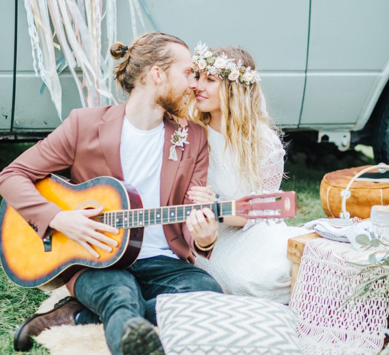 Bride and Groom Sitting at Lake District Elopement Chill Out Area