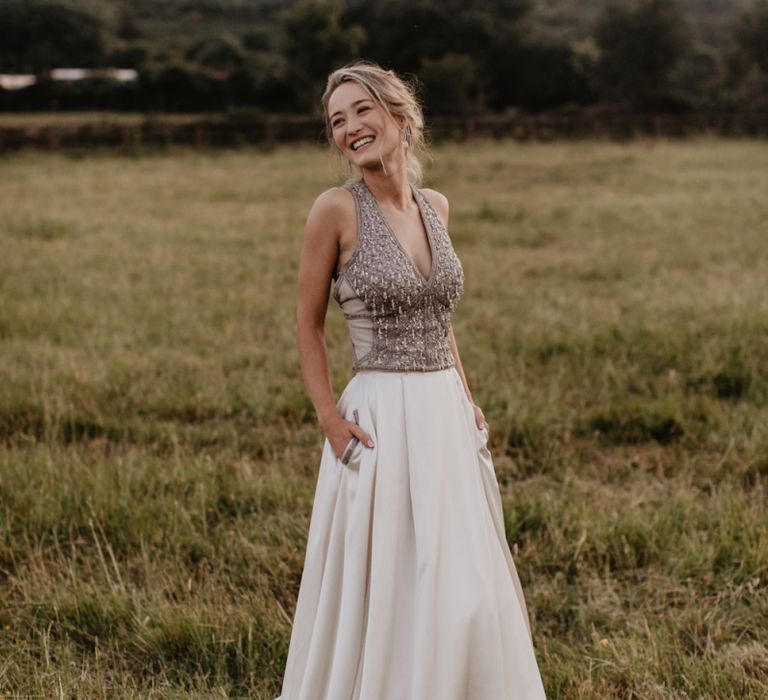 Bride in Beaded Top and Satin Skirt