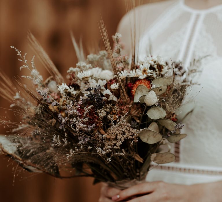 Dried flower bridal bouquet for socially distanced Eden Barn wedding