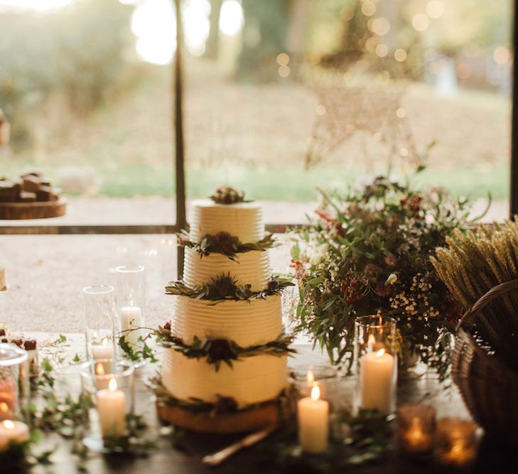 Buttercream Wedding Cake With Foliage // Autumnal Wedding At Dewsall Court With Elephant Motif On Stationery And Bride In Tiara With Images From Red On Blonde Photography And Film From Mrs Mashup