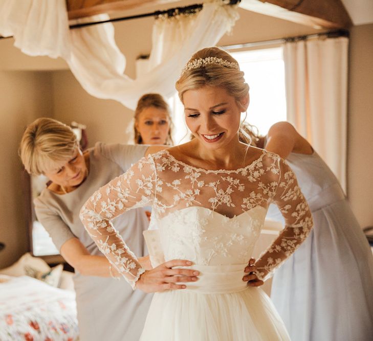 Bride In Bespoke Dress With Tiara For Autumn Wedding At Dewsall Court