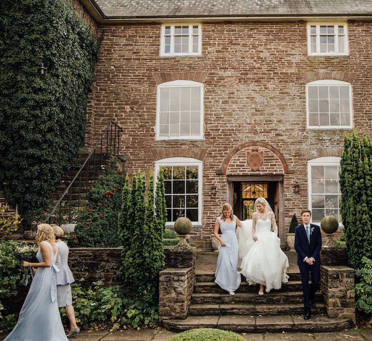 Bridesmaids In Pale Blue Dresses From Maids To Measure // Autumnal Wedding At Dewsall Court With Elephant Motif On Stationery And Bride In Tiara With Images From Red On Blonde Photography And Film From Mrs Mashup