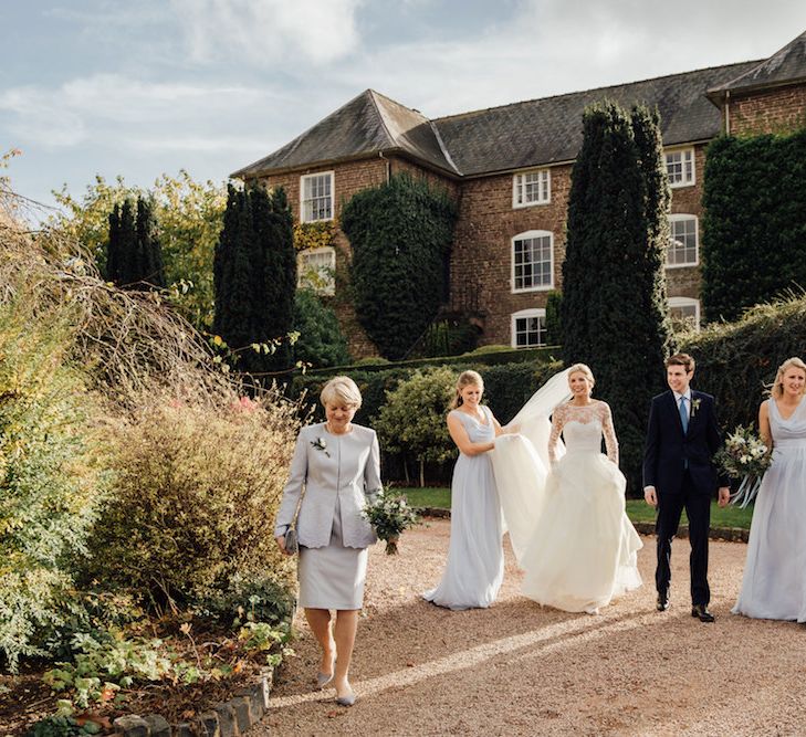 Bridesmaids In Pale Blue Dresses From Maids To Measure // Autumnal Wedding At Dewsall Court With Elephant Motif On Stationery And Bride In Tiara With Images From Red On Blonde Photography And Film From Mrs Mashup