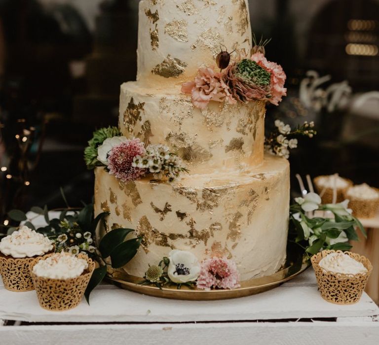 Gold leaf detail wedding cake