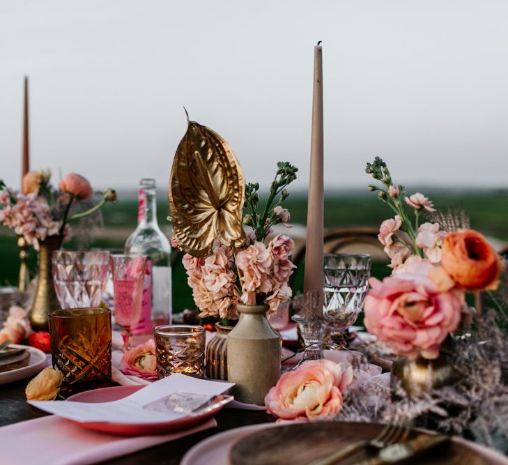 Wedding Table Decor with Ink Well, Coloured Tableware, Candles and Blush Pink Flowers