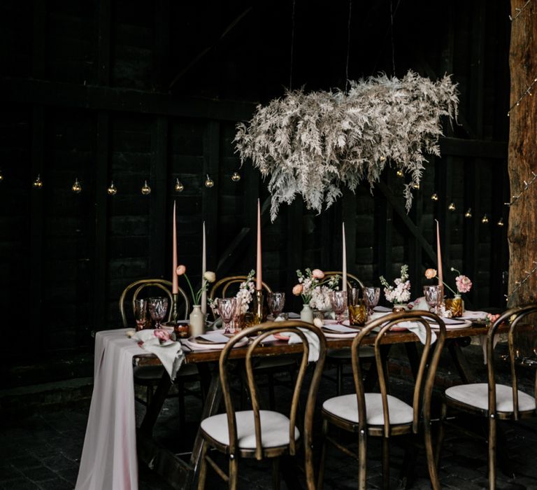 Metallic Fern Cloud Hanging Installation Over Table Scape