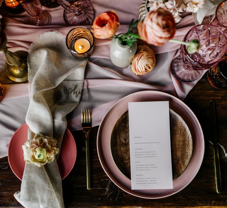 Elegant Place Setting with Linens, Flowers and Acrylic Name Place Card