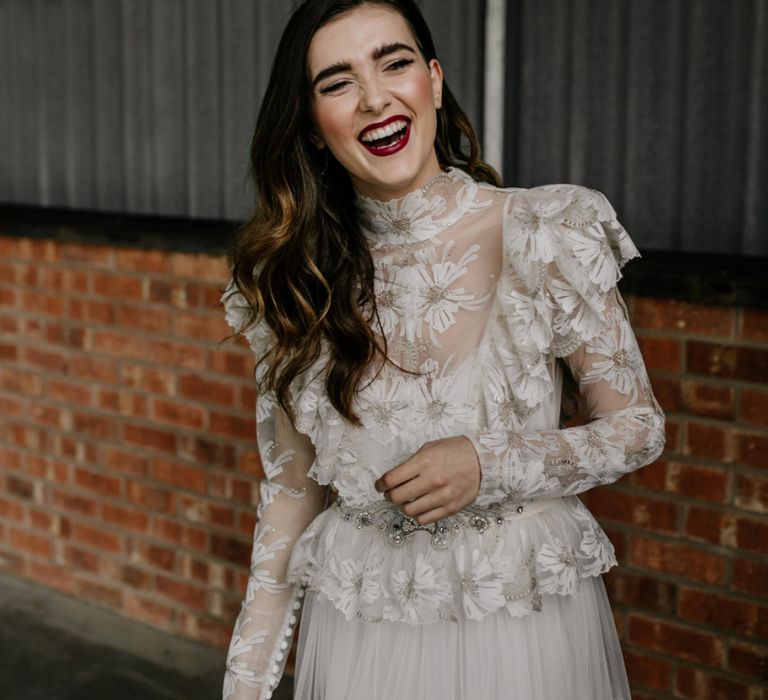 70s Inspired High Neck Wedding Dress with Long Sleeves