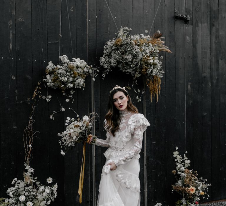 Stylish Bride in KATYA KATYA Wedding Dress with Long Sleeves and High Neck