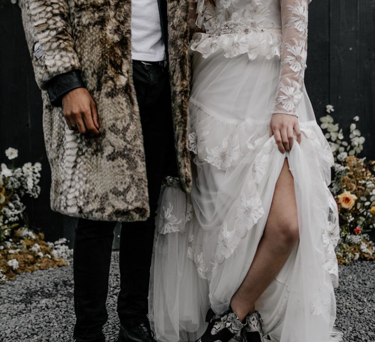 Retro Bride in Snakeskin Bridal Boots and Tired Wedding Dress