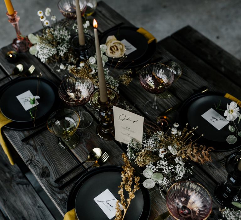 Contemporary Table Decor with Dried Flowers, Candles and Modern Stationery