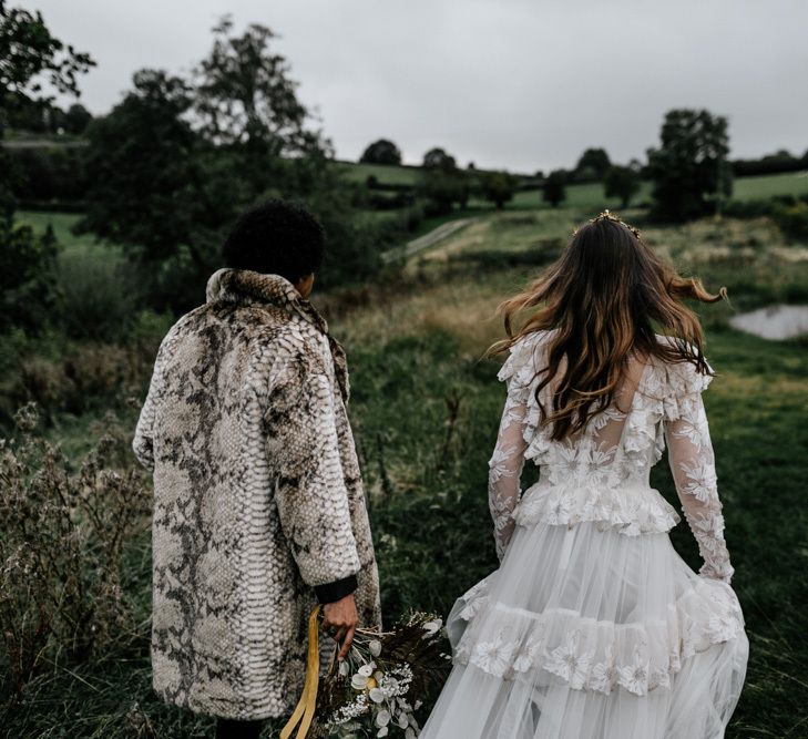 Modern Bride in Lace KATYA KATYA Wedding Dress and Groom in Faux Fur Coat