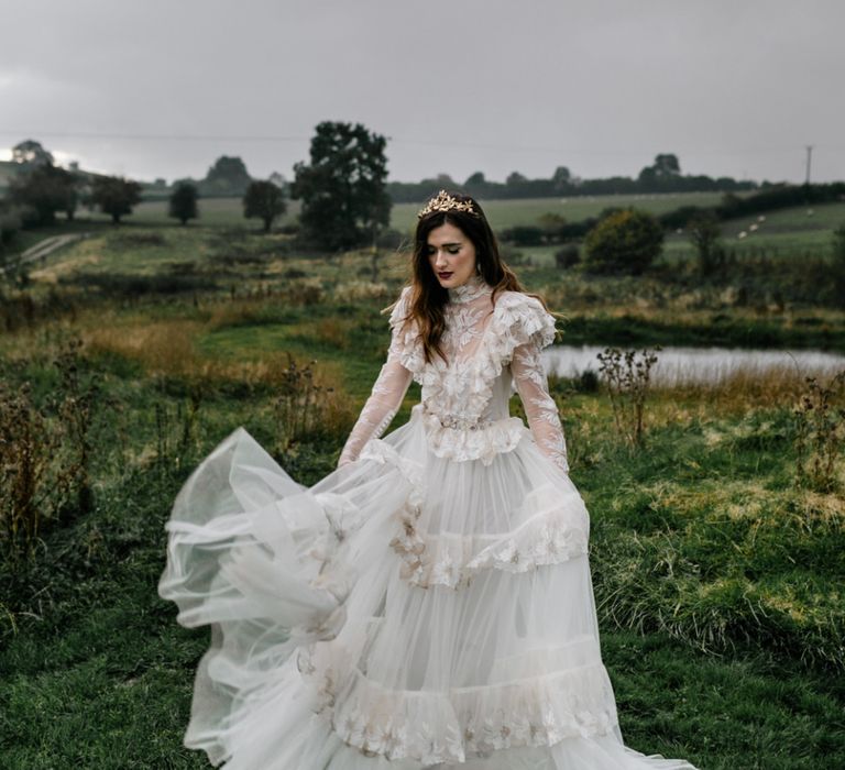 Modern Bride in Edwardian Style Wedding Dress with High Neck Detail