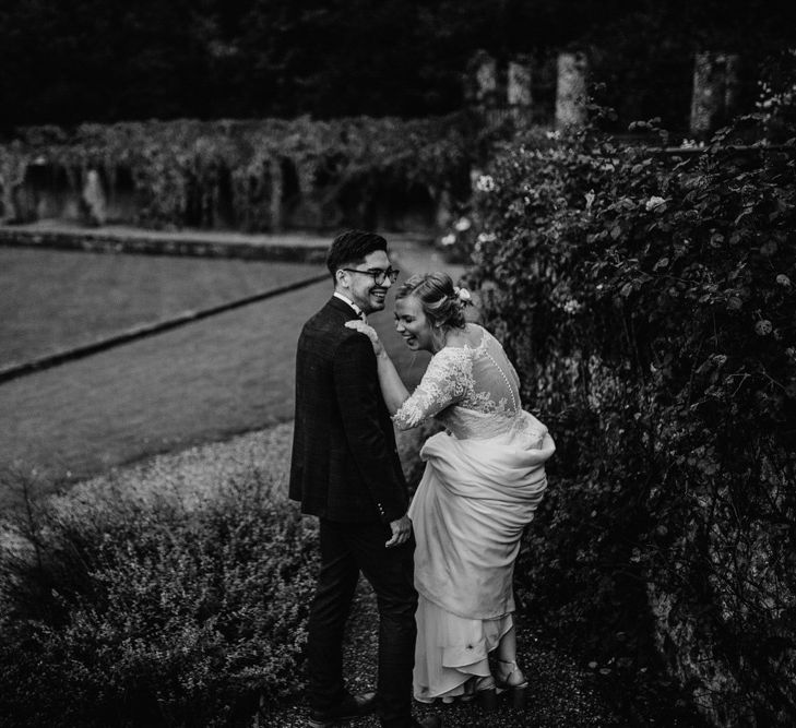 Black and white portrait of the bride and groom at Voewood wedding venue in Norfolk