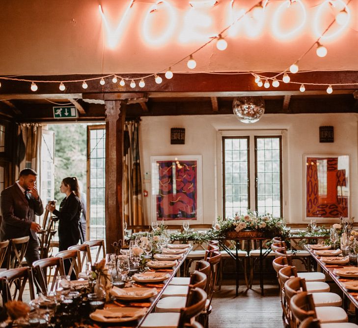 Wedding Reception at Voewood with neon sign