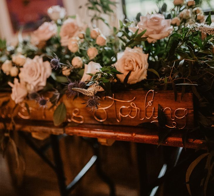 Copper wire sign at Voewood wedding