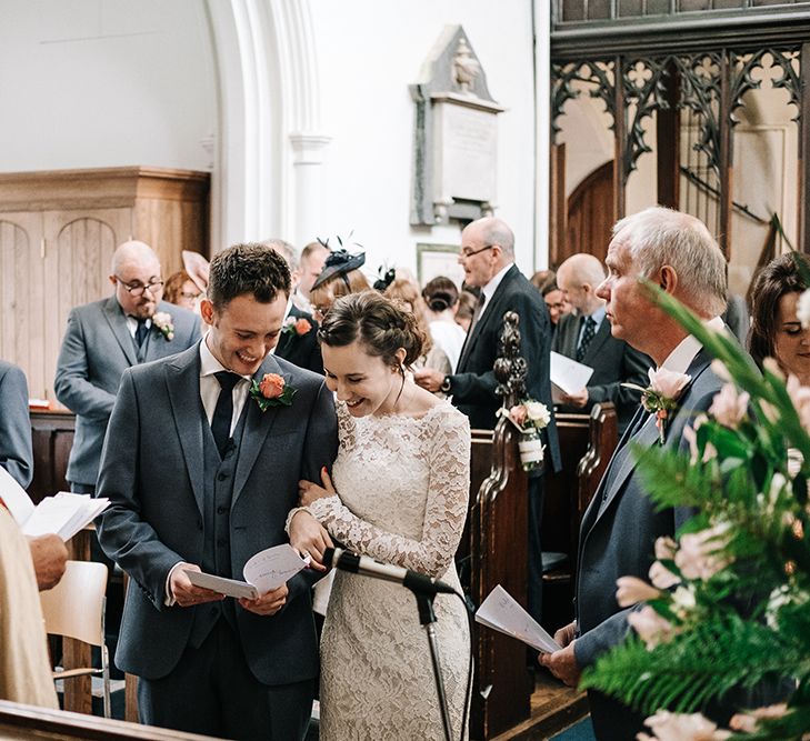 Church Wedding Ceremony | Bride in Lace Wedding Dress | Groom in  Next Suit | Peach Wedding at Swanton Morley House and Gardens in Norfolk |  Jason Mark Harris Photography | Together we Roam Films