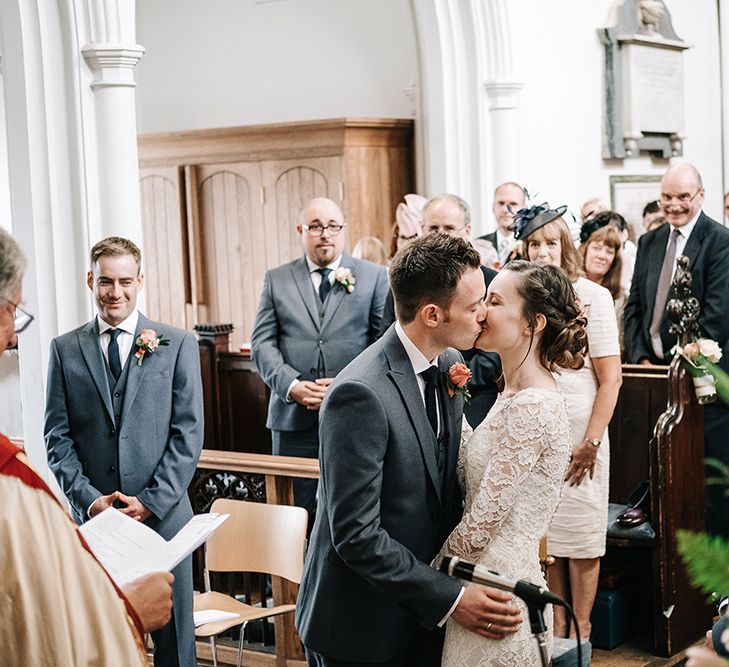 Church Wedding Ceremony | Bride in Lace Gown | Groom in Next Suit | Peach Wedding at Swanton Morley House and Gardens in Norfolk |  Jason Mark Harris Photography | Together we Roam Films