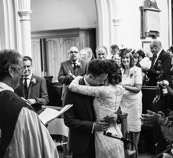 Church Wedding Ceremony | Bride in Lace Gown | Groom in Next Suit | Peach Wedding at Swanton Morley House and Gardens in Norfolk |  Jason Mark Harris Photography | Together we Roam Films